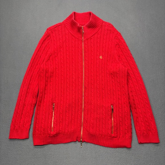 Lauren Ralph Lauren Women's Cable Knit Full Zip Mock Neck Sweater 2X Red Holiday - Picture 2 of 13